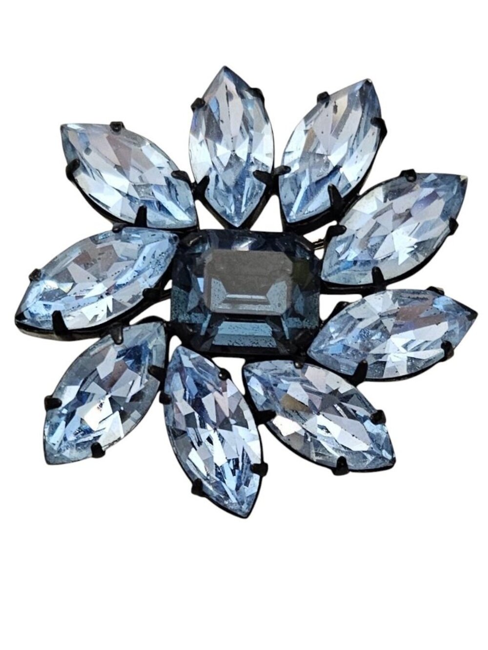 Austria Blue Prong Set Rhinestone Flower Brooch, Signed L984